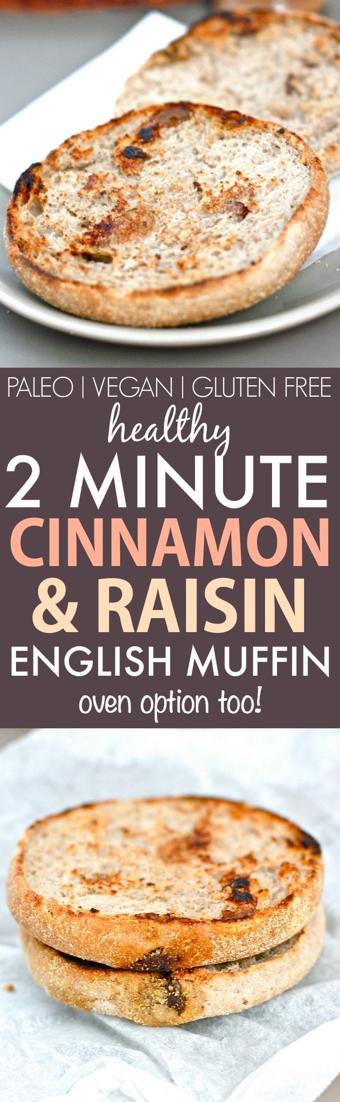 2 Minute Cinnamon Raisin English Muffin (V, GF, Paleo)- An easy, delicious and satisfying microwave English muffin made with no grains, sugar, flour or oil! Just like the classic, with an oven option too! {vegan, gluten free, grain free recipe}- thebigmansworld.com