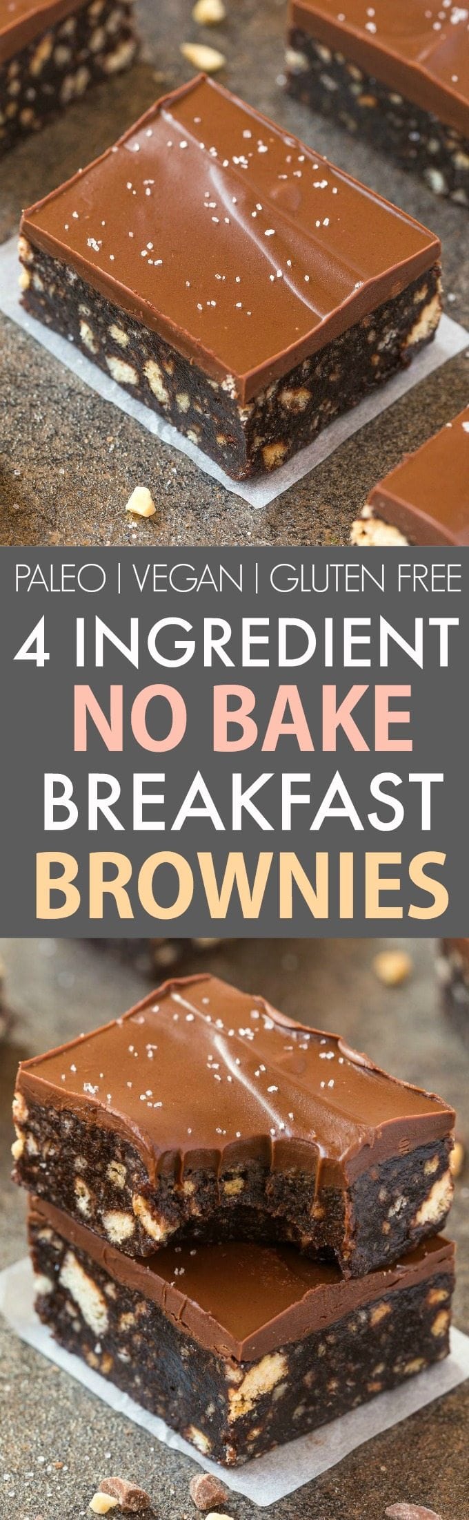 4-Ingredient No Bake Flourless Breakfast Brownies (V, GF, P)- Quick and easy no bake brownies using four ingredients and made in a blender and 100% fuss-free! Super fudgy, melt in your mouth and refined sugar free- A guilt-free chocolate snack or dessert! {vegan, gluten free, paleo recipe}- thebigmansworld.com