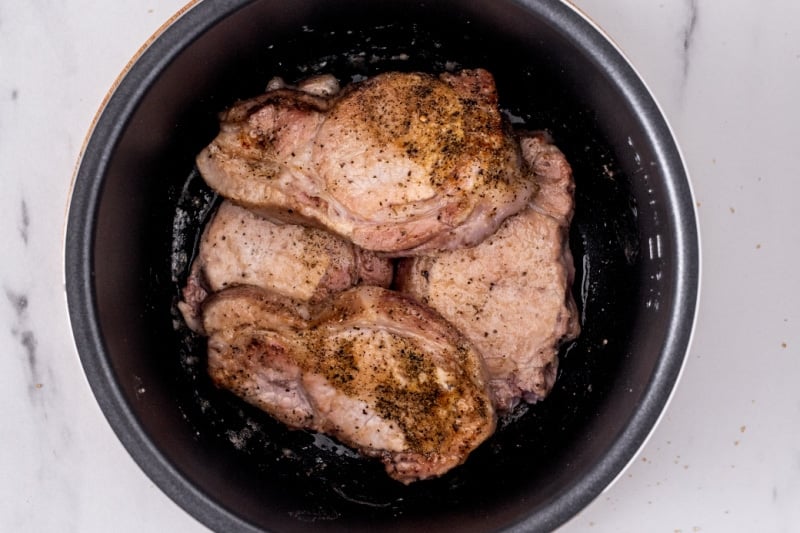 browned pork chops.