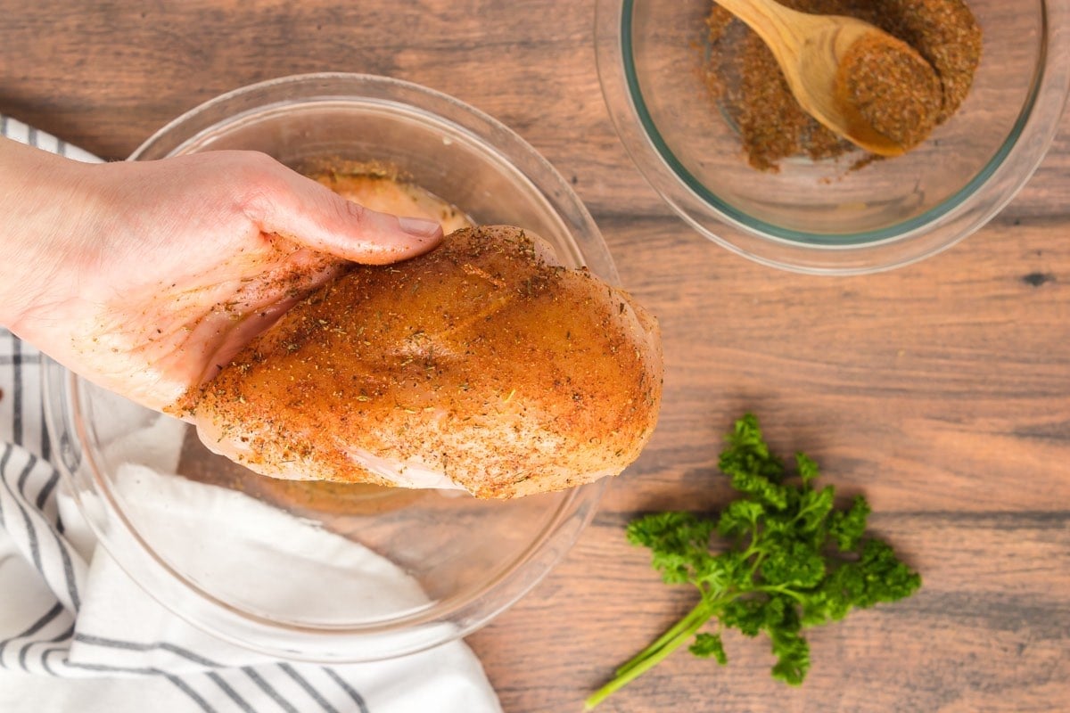 chicken breasts coated in blackened seasoning.