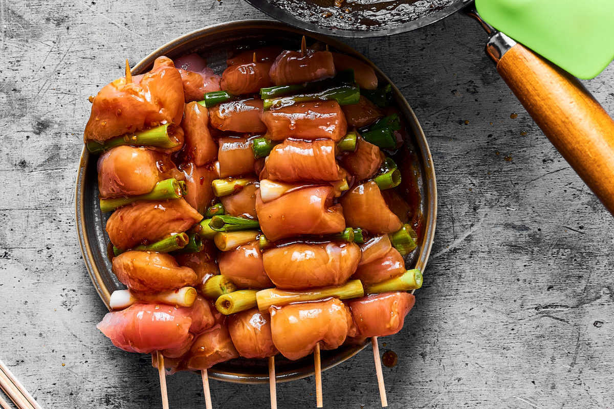 chicken skewers with yakitori sauce.