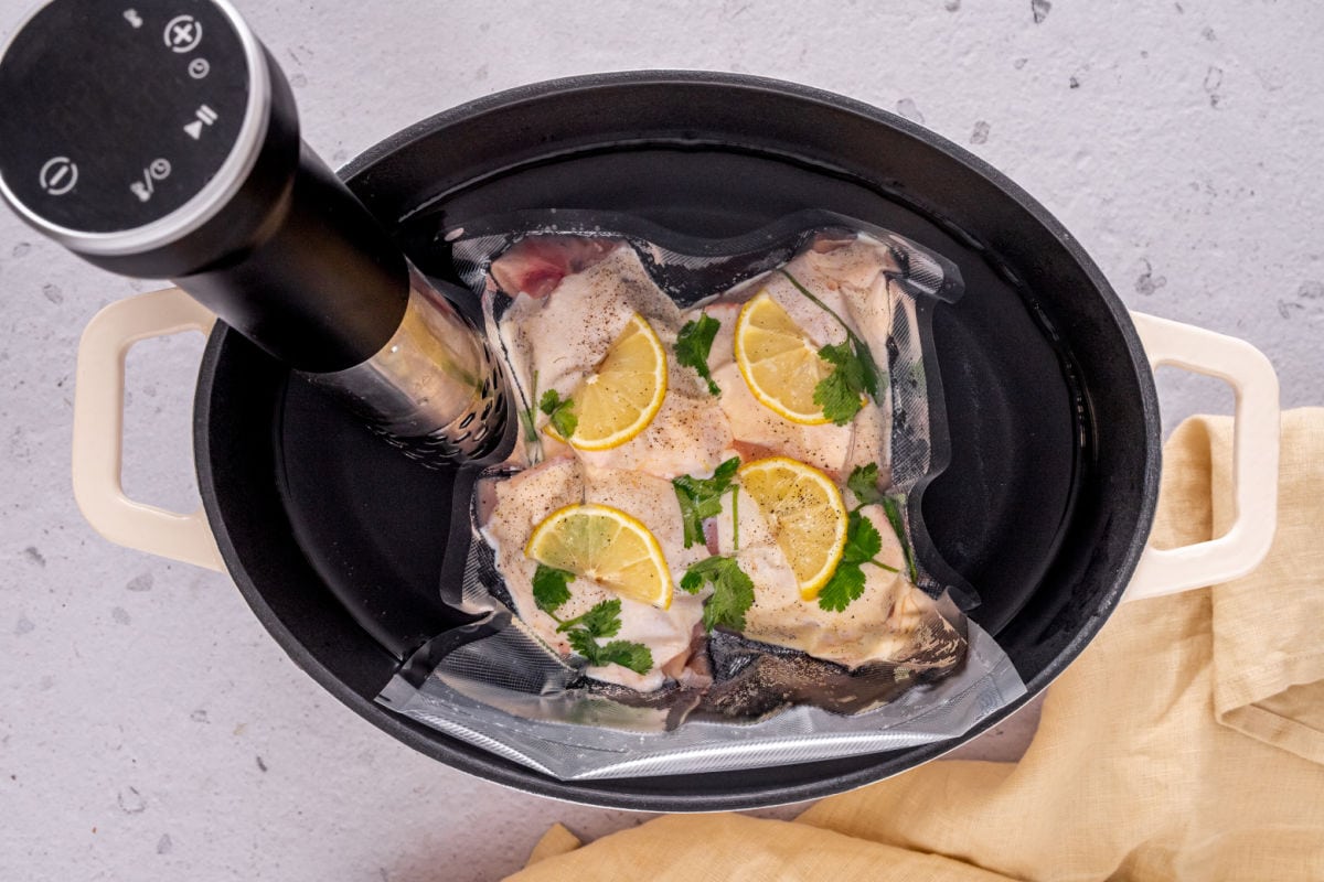 chicken thighs in sous vide cooker.