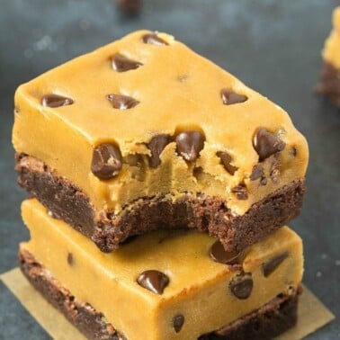 Healthy Protein Cookie Dough Brownies (V, GF, P)- Flourless Fudgy, gooey, Protein Brownies with a thick edible eggless and egg-free cookie dough frosting, completely healthy! {vegan, gluten free, paleo recipe}- thebigmansworld.com #proteinpowder #ediblecookiedough #healthydessert