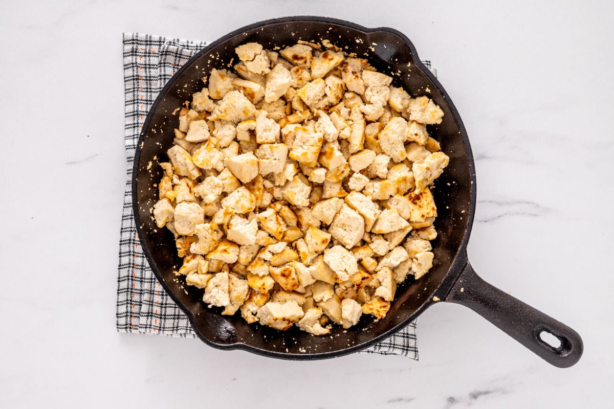 crumbled tofu in pan.