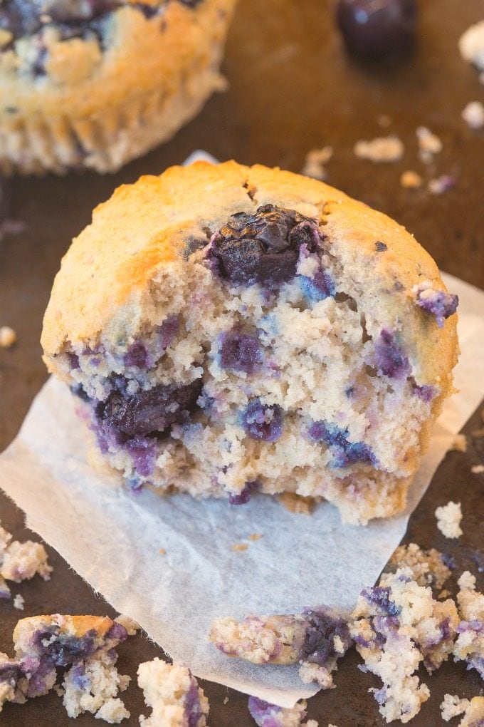 Healthy Flourless Blueberry Breakfast Muffins made with NO butter, oil, flour or sugar but you'd never tell- Easy AND delicious! {vegan, gluten free, paleo recipe}- thebigmansworld.com