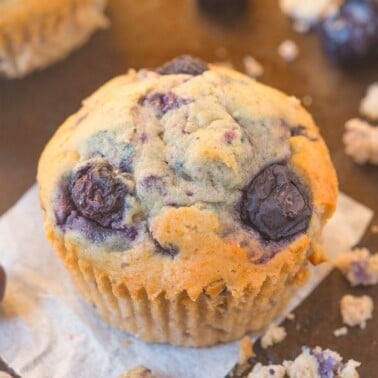 Healthy Flourless Blueberry Breakfast Muffins made with NO butter, oil, flour or sugar but you'd never tell- Easy AND delicious! {vegan, gluten free, paleo recipe}- thebigmansworld.com