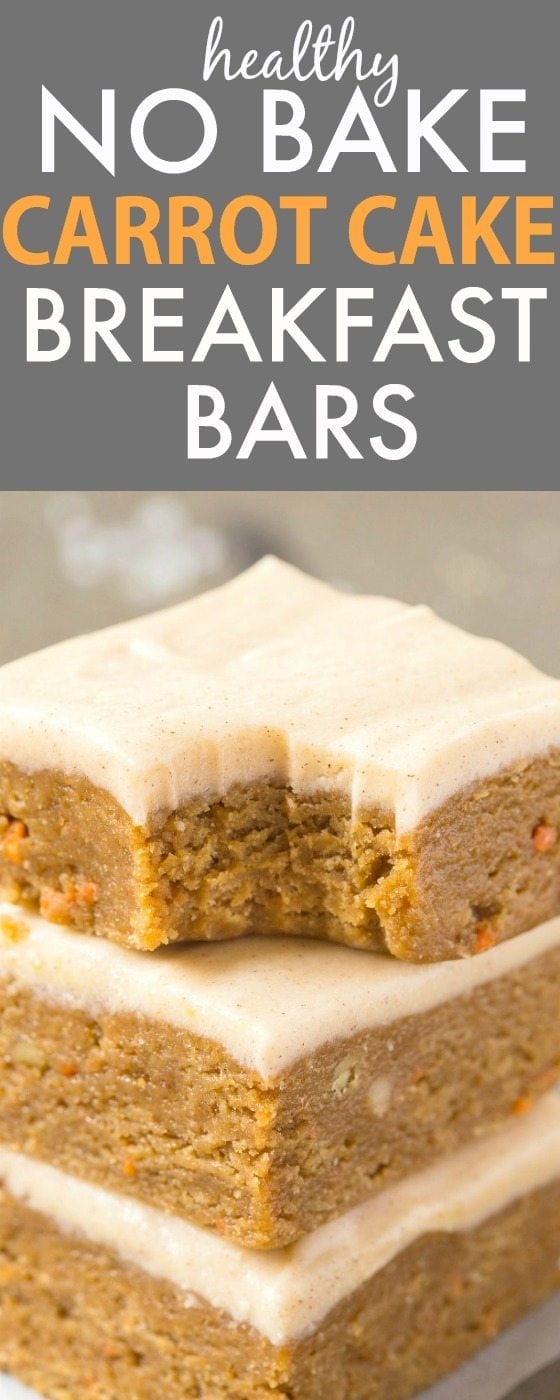 Healthy No Bake Carrot Cake BREAKFAST Bars- Thick, chewy, fudgy and ready in no time, these delicious bars contain NO butter, oil, flour or white sugar, but taste like dessert! Packed with protein freezer friendly! {Vegan, gluten free, paleo recipe}- thebigmansworld.com