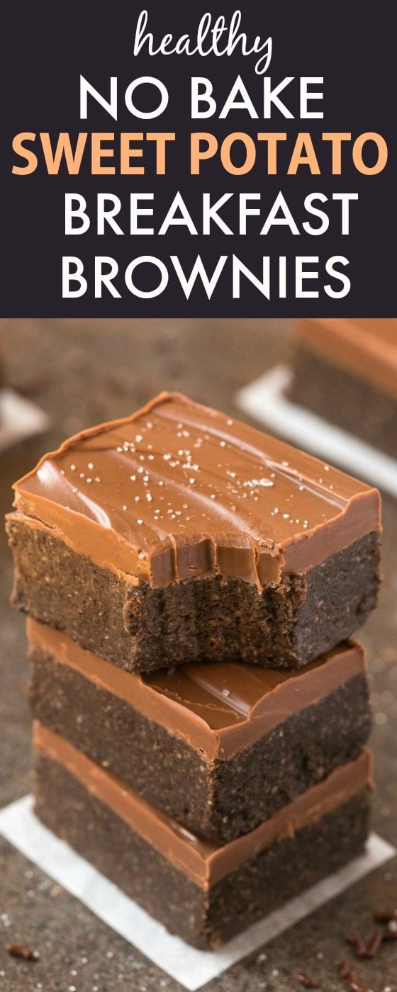 Healthy No Bake Sweet Potato Breakfast Brownies (V, GF, P, DF)- Easy, thick, chewy, fudgy and guilt-free brownies for breakfast- Protein packed and refined sugar free, with a thick, healthy chocolate frosting too! {vegan, gluten free, paleo recipe}- thebigmansworld.com