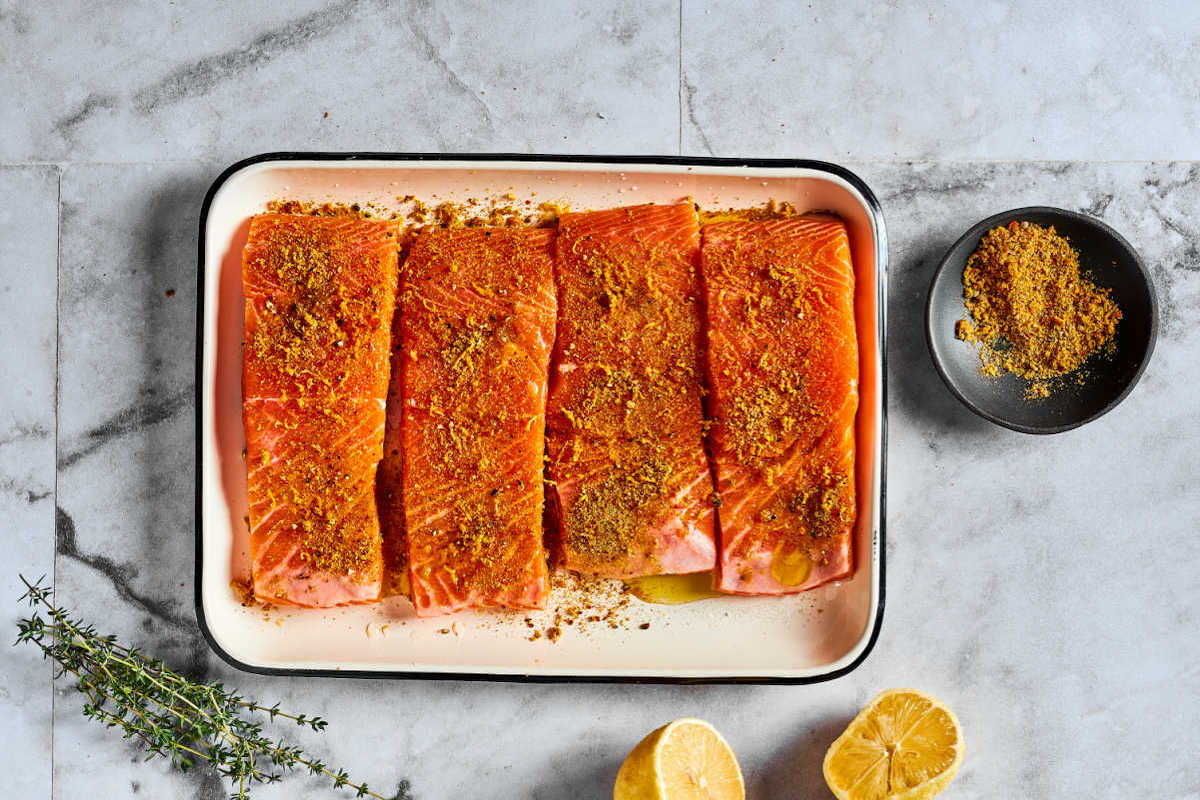 lemon pepper seasoning on salmon.