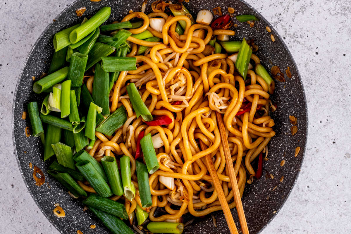 noodles and vegetables mixed.