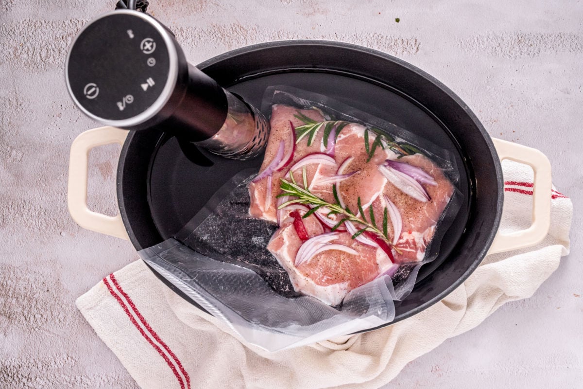 pork chops in sous vide cooker.