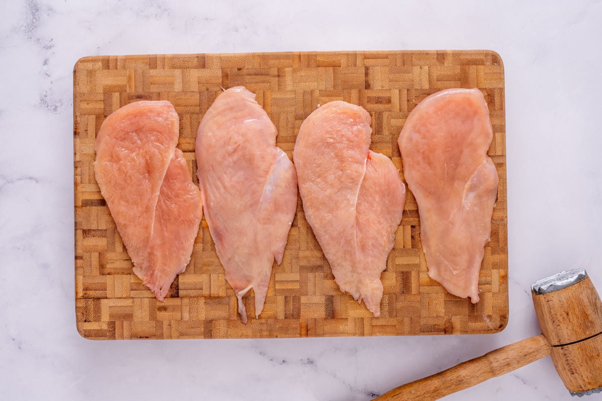 pounded and seasoned chicken breasts.