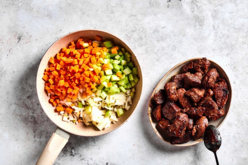 sauteed vegetables and lamb.