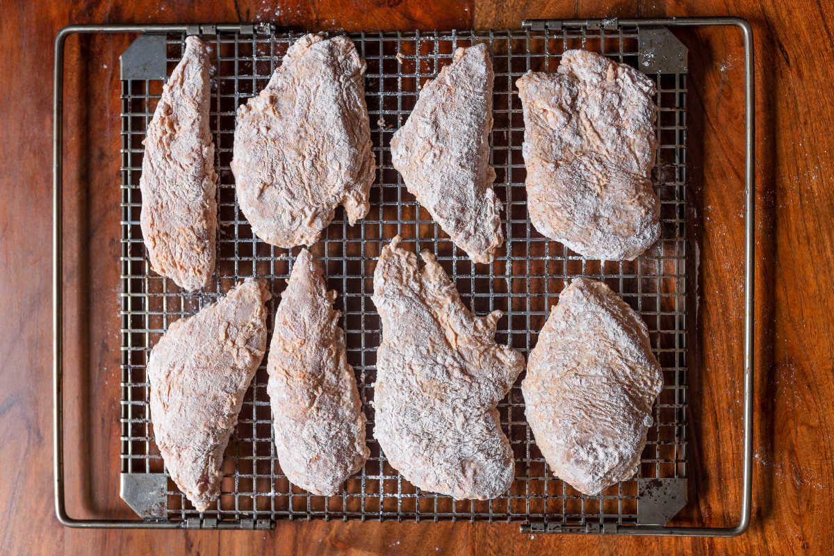 seasoned and breaded spicy chicken fillets.