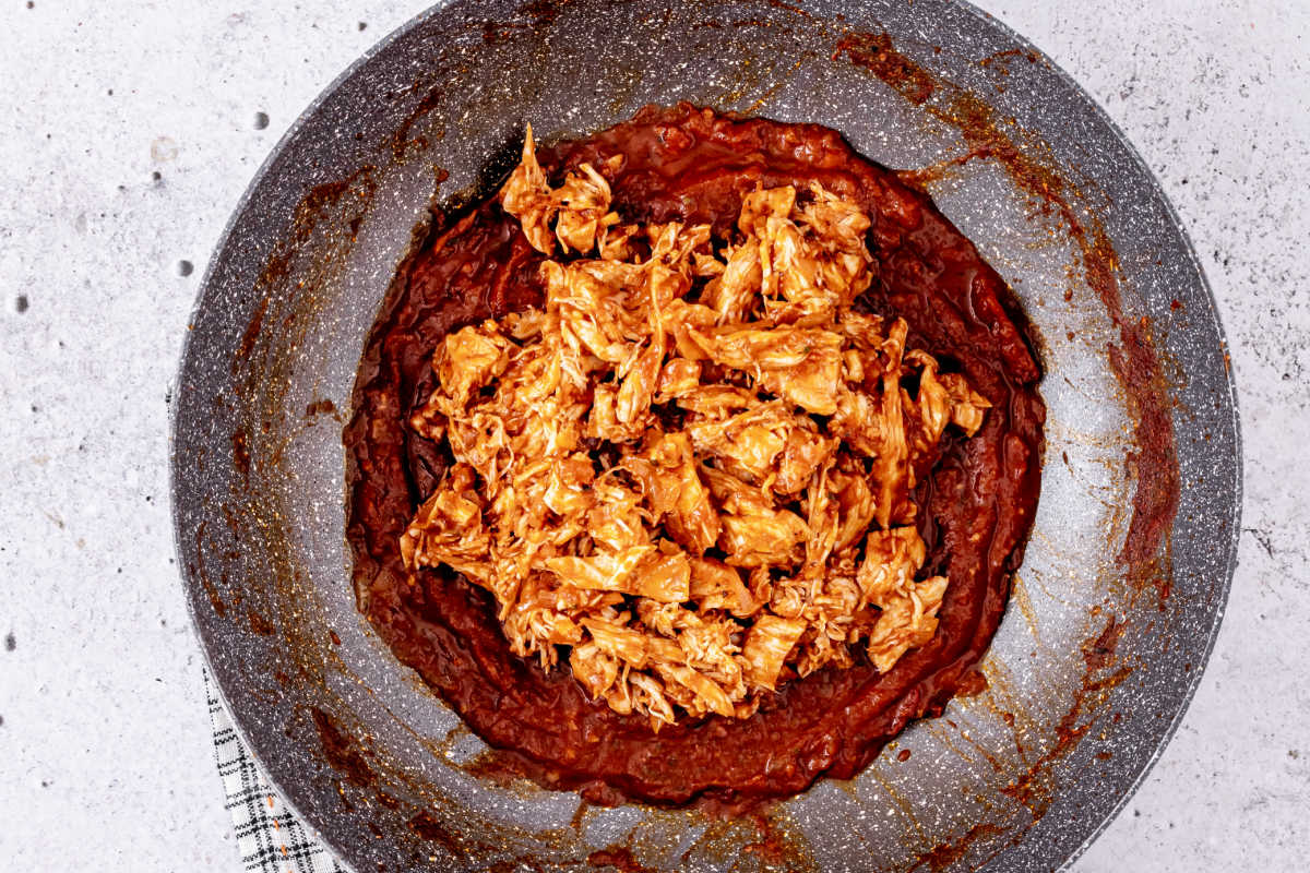 shredded chicken in tinga sauce.