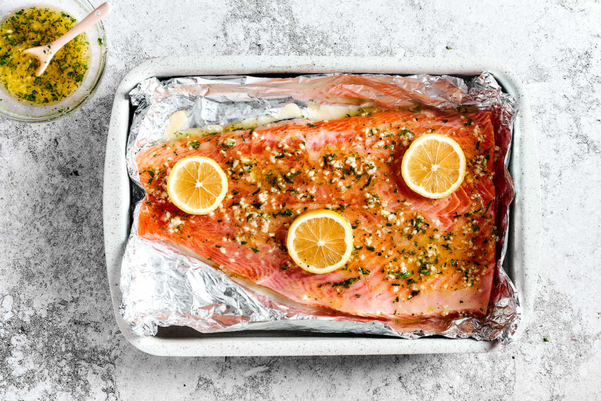 sockeye salmon in baking dish.