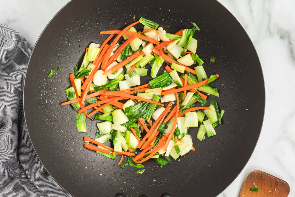 vegetables in pan.