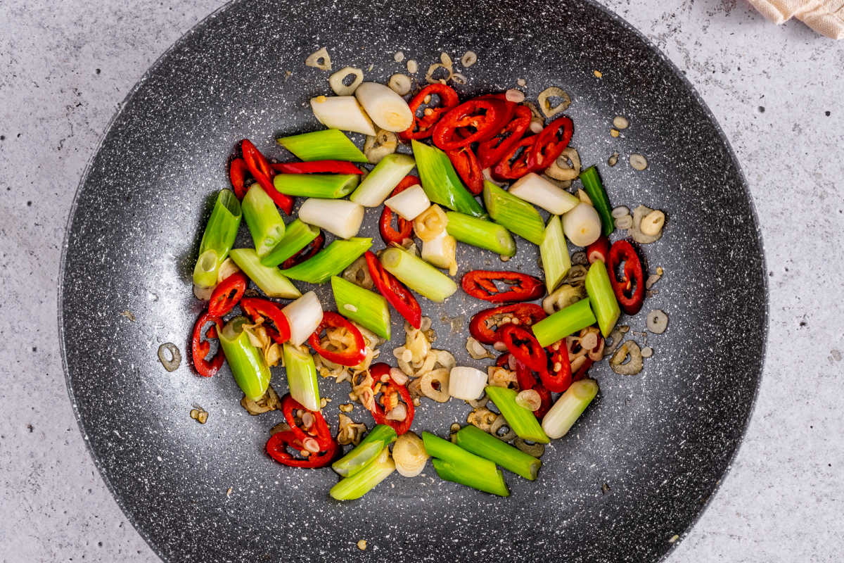 vegetables in pan.